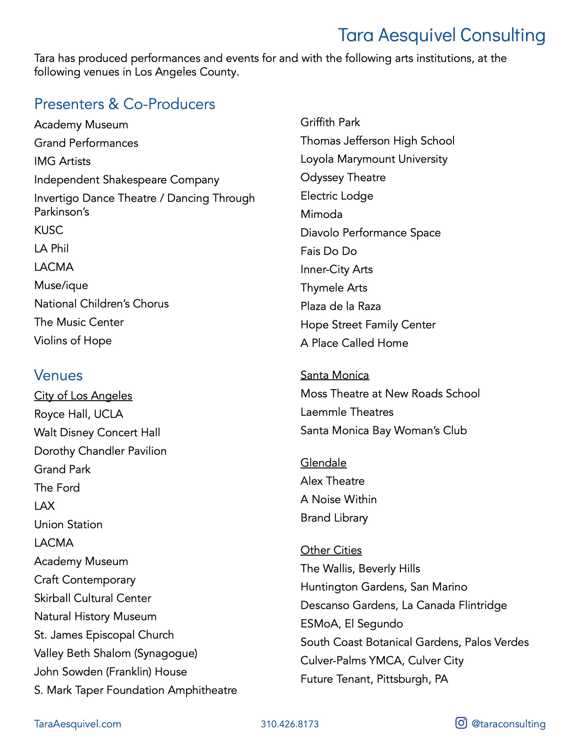 Tara Aesquivel Venues list